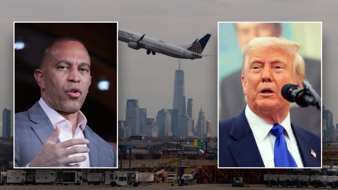 Hakeem Jeffries calls out Trump while addressing Newark Airport chaos